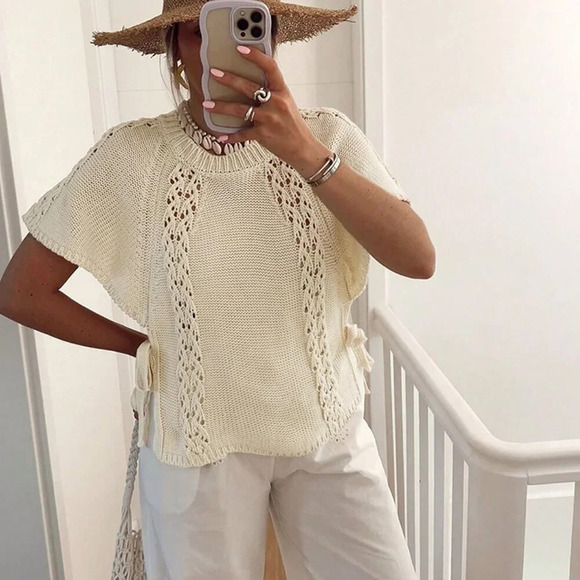 Apricot Casual Women's Side Tie Round Neck Cap Sleeve Sweater - Picture 5 of 8